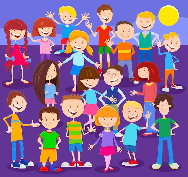 Cartoon illustration of happy kids or teens group