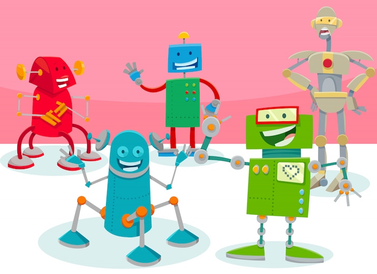 Vector cartoon illustration of happy robots characters