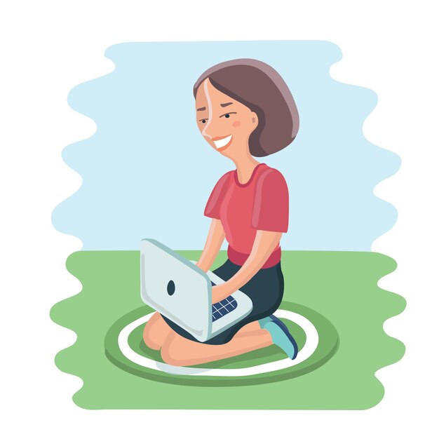 Cartoon illustration of happy young woman sitting with laptop