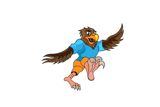 Cartoon illustration of a hawk wearing a blue shirt and shorts.