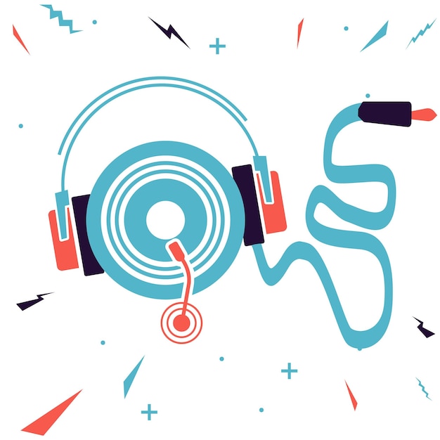 A cartoon illustration of a headphones with a red and blue background.