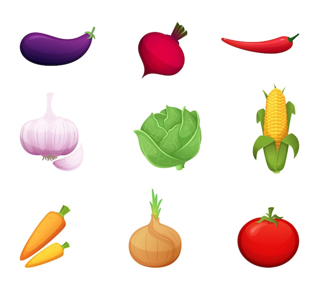 Cartoon illustration of healthy farm vegetables Vector Icons for signage menus banners and sections