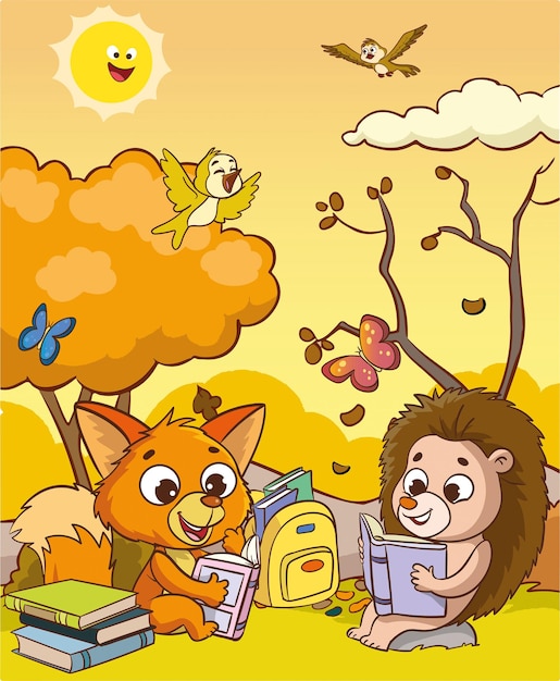 A cartoon illustration of a hedgehog and a fox reading books.