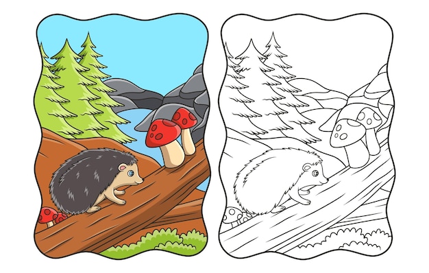 Cartoon illustration the hedgehog walks on the trunk of a big fallen tree near the river book or page for kids