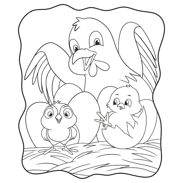 Cartoon illustration hen who is incubating her eggs book or page for kids black and white