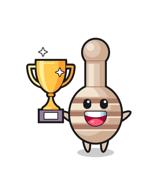 Cartoon Illustration of honey dipper is happy holding up the golden trophy , cute design