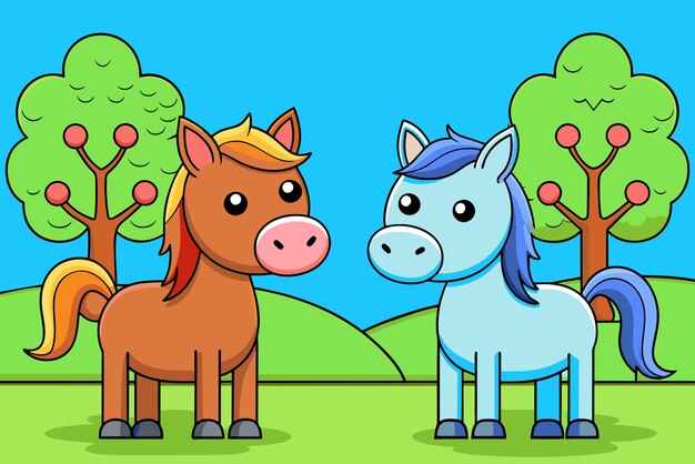 a cartoon illustration of a horse and a horse on a field with hearts and trees