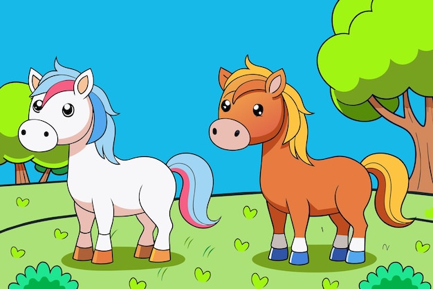 Vector a cartoon illustration of a horse and a horse on a field with hearts and trees