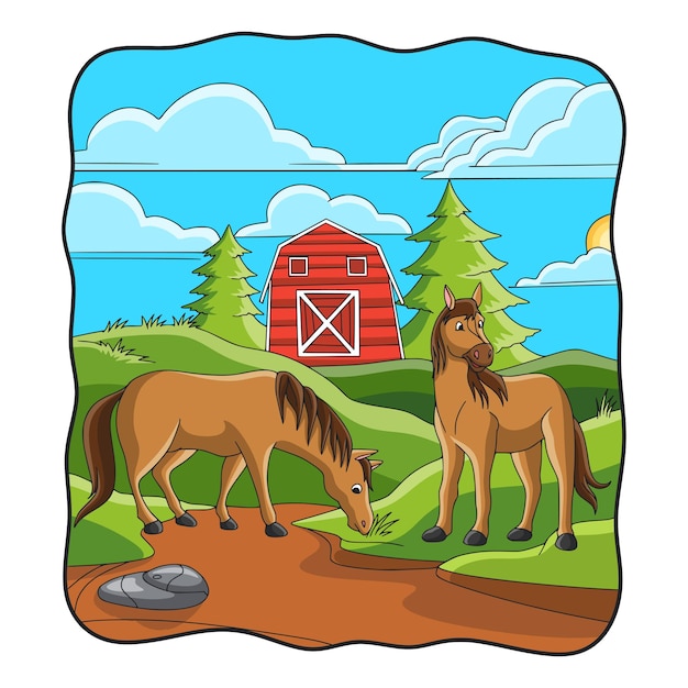 Cartoon illustration The horse is eating grass in front of the stable