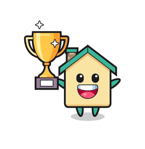 Cartoon illustration of house is happy holding up the golden trophy , cute design