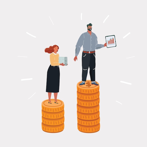 Cartoon illustration of Income inequality Man woman have different salary People on stacks of money