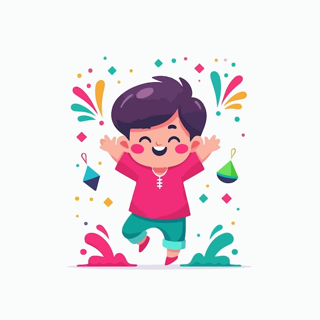 cartoon illustration of an Indian boy jumping for joy to celebrate the colorful holi festival