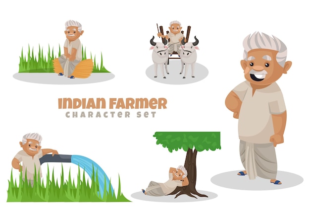 Vector cartoon illustration of indian farmer character set