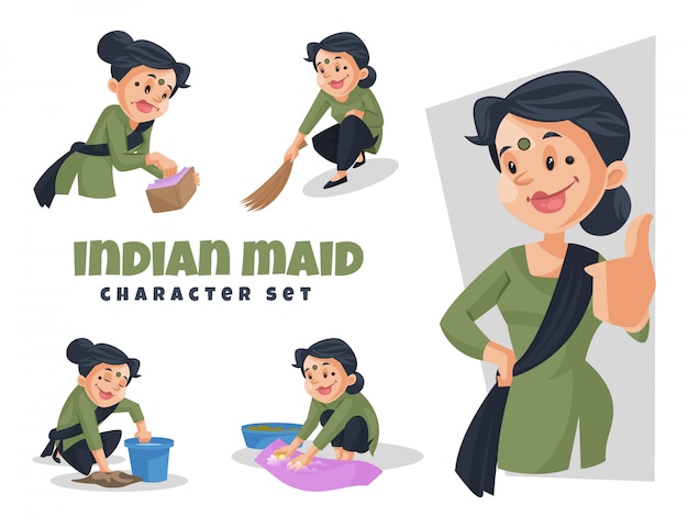 Cartoon Illustration Of Indian Maid Character Set