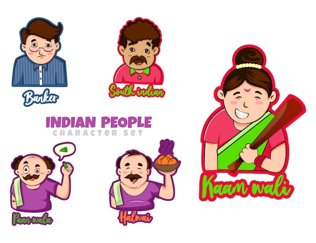 Cartoon Illustration Of Indian People Character Set