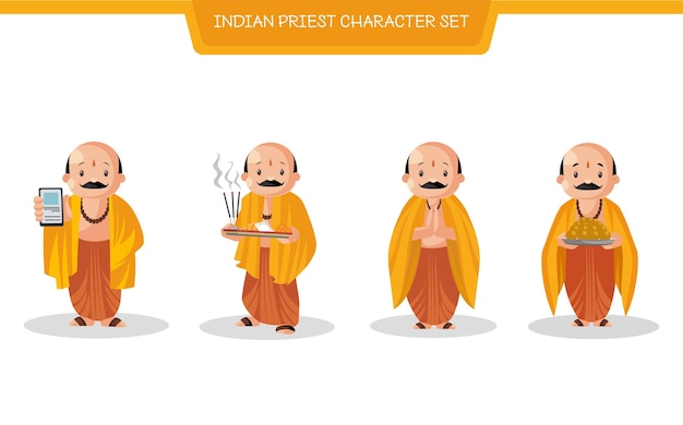  Cartoon Illustration Of Indian Priest Character Set