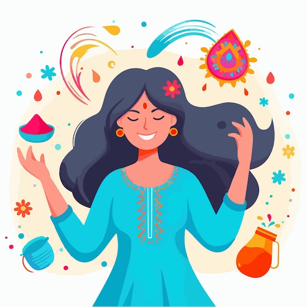 cartoon illustration of an Indian woman celebrating the holi festival with a colorful background