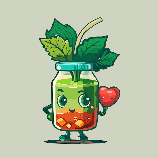 Cartoon illustration of a jar of fruit juice with a heart.