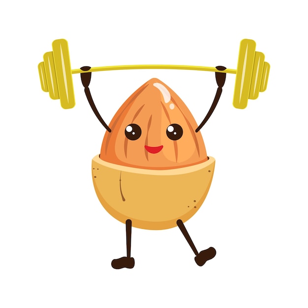 Cartoon illustration of kawaii almond with barbell nut weightlifter performs exercise