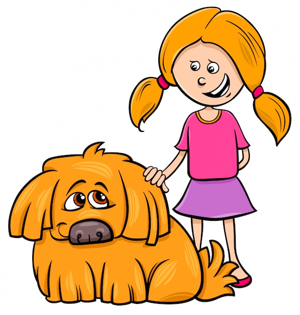 Cartoon illustration of kid girl with funny shaggy dog