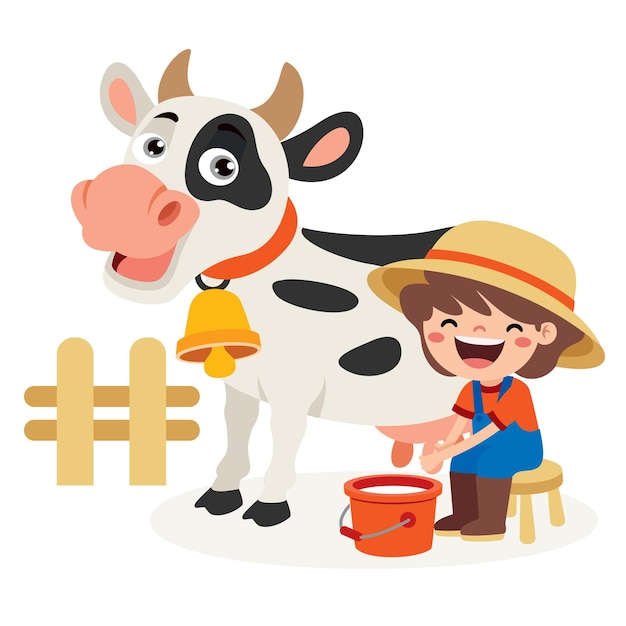 Vector cartoon illustration of a kid milking