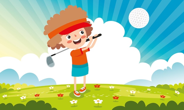 Cartoon illustration of a kid playing golf