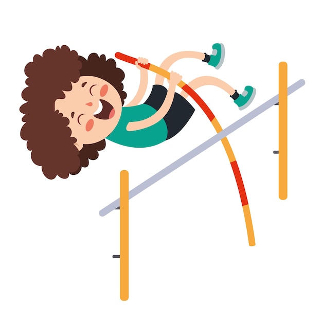 Иллюстрации шаржа ребенка, играющего в прыжках с шестом