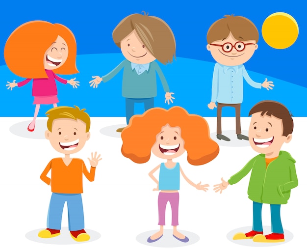 Cartoon illustration of kids or teens group