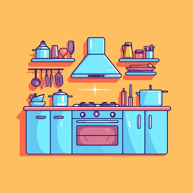 A cartoon illustration of a kitchen with a stove and pots and pans.