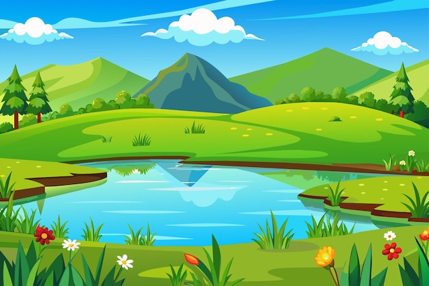 a cartoon illustration of a lake with a lake and mountains