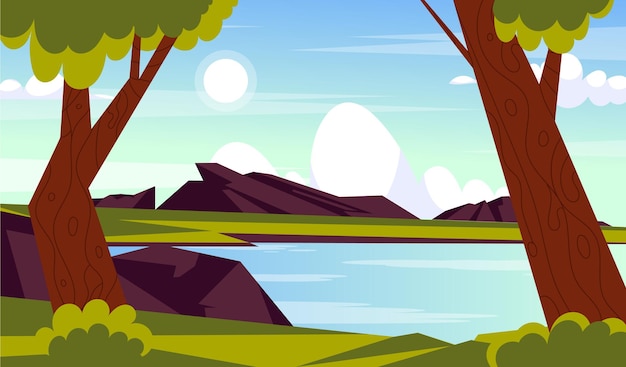 Vector a cartoon illustration of a lake with trees and mountains.