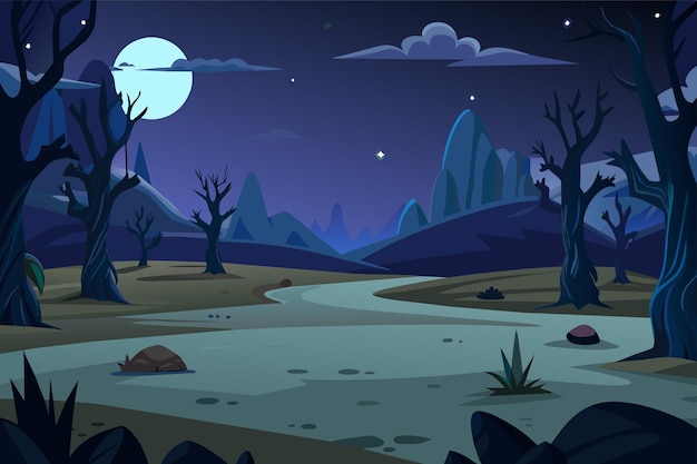 Vector a cartoon illustration of a landscape with a moon and trees