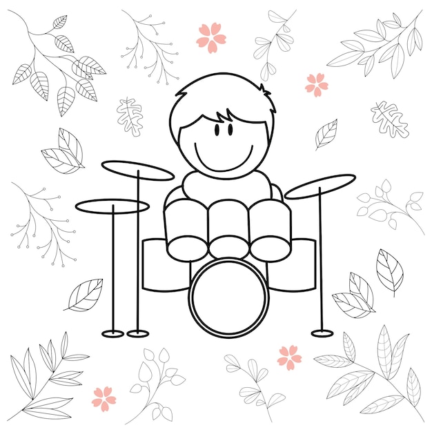 Cartoon illustration of little boy having fun playing drums