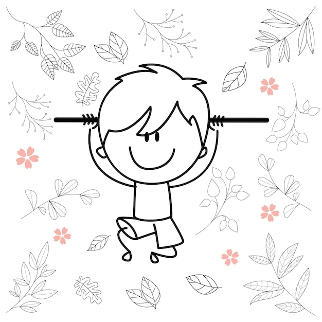 Cartoon illustration of little boy having fun in sports activities hanging