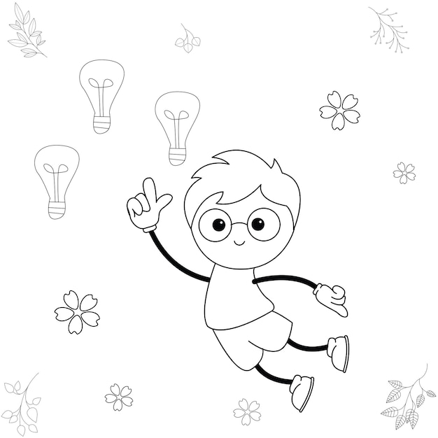 Cartoon illustration of little boy having fun in thinking activities