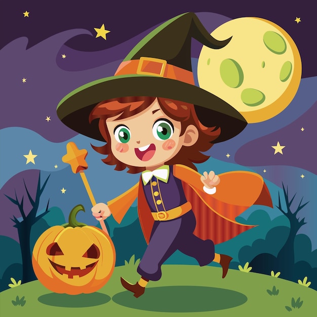 a cartoon illustration of a little boy with a pumpkin and a moon