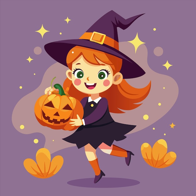 a cartoon illustration of a little girl with a pumpkin and a witch hat