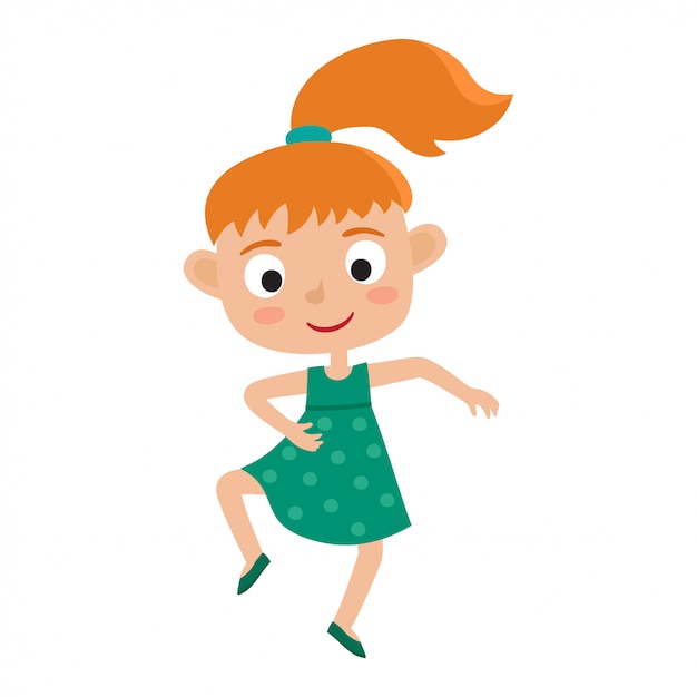 Cartoon illustration of little redhaired girl-dancer isolated on white. little happy girl with pony tail dancing and smiling. pretty dance.