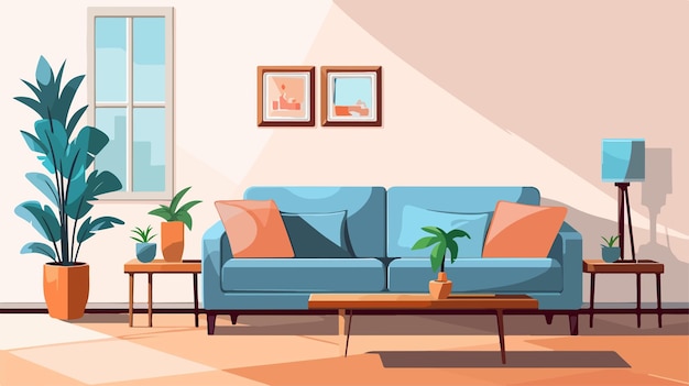 a cartoon illustration of a living room with a couch and a coffee table