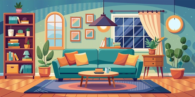 Vector a cartoon illustration of a living room with a couch and a coffee table