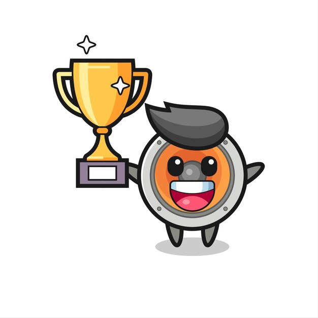 Cartoon Illustration of loudspeaker is happy holding up the golden trophy