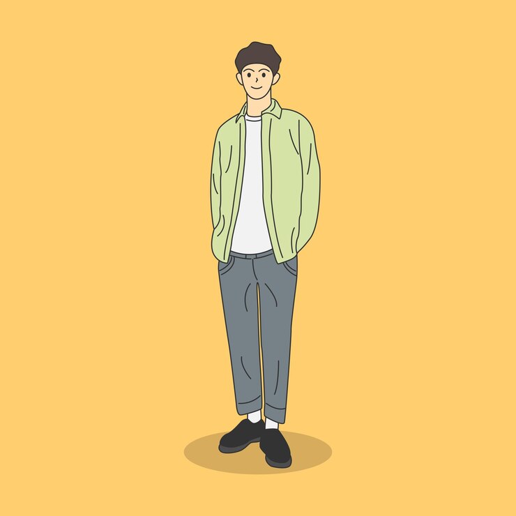 캐주얼 옷을 입고 서있는 남성 캐릭터의 만화 그림