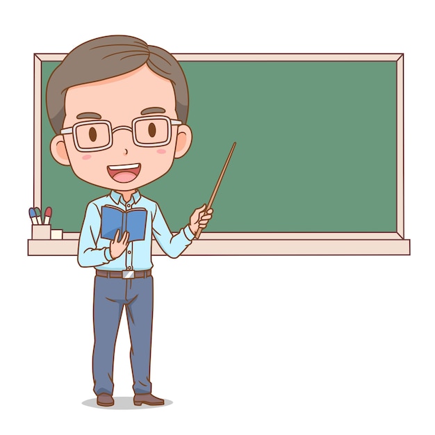 Cartoon illustration of male teacher holding a stick in front of blackboard.