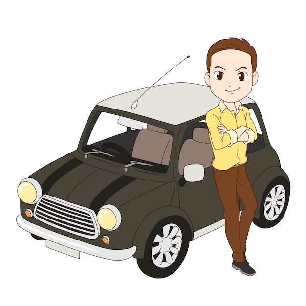 Cartoon illustration of a man leaning on a car.