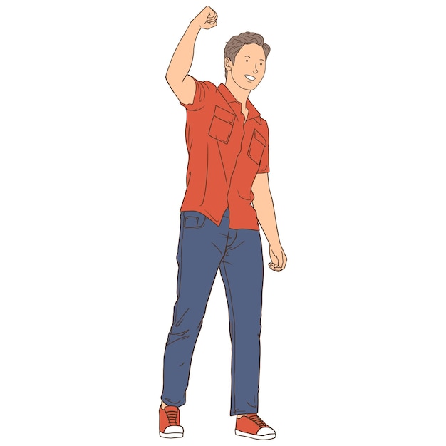 Vector cartoon illustration of man standing straight clenched fist