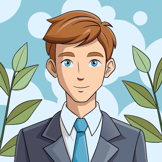 Cartoon illustration of a man in a suit with a blue tie a neutral facial expression and surrounded by green leaves and white circles on a light blue background
