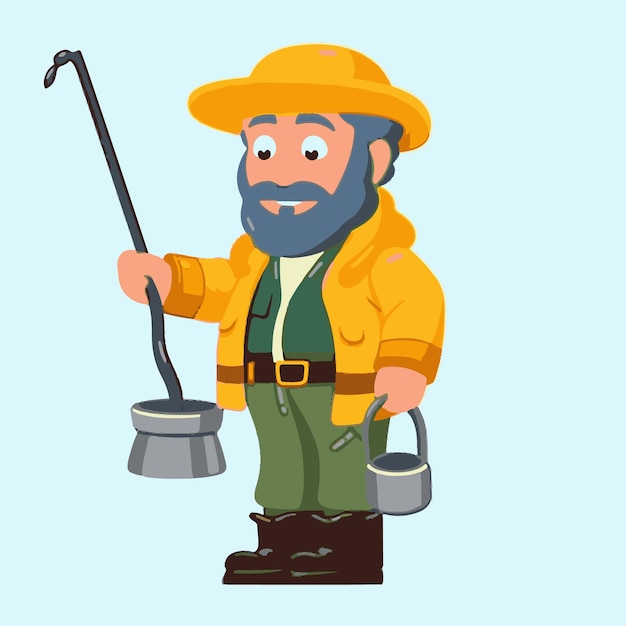 Cartoon illustration of a man with a bucket and a bucket.