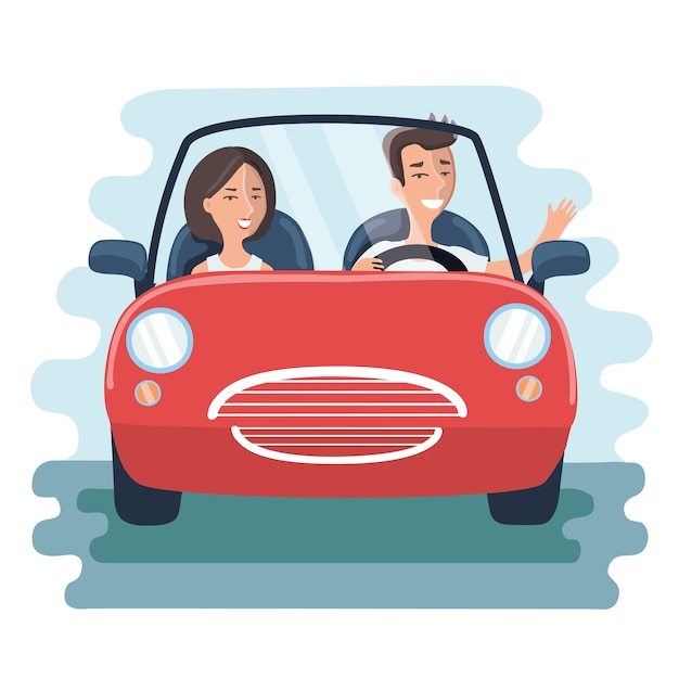 Vector cartoon illustration of man an woman in the red car on the road