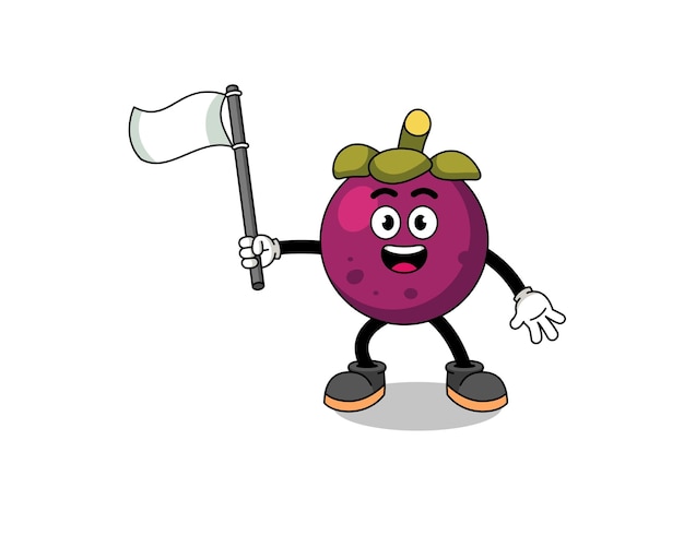 Cartoon Illustration of mangosteen holding a white flag character design