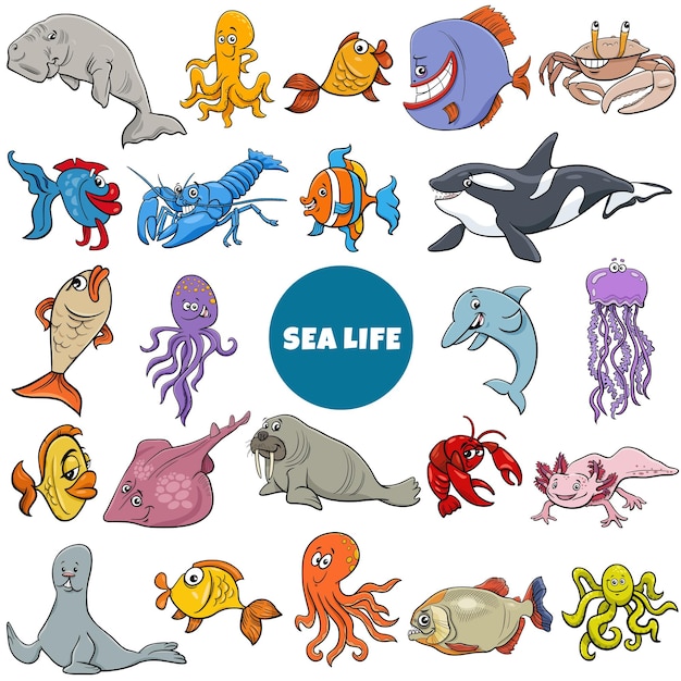 Cartoon illustration of marine animal characters big set